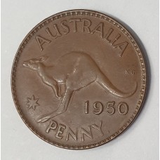AUSTRALIA 1950Y. ONE 1 PENNY . ERROR . DIE CRACKS . FAINT and JOINING LETTERS